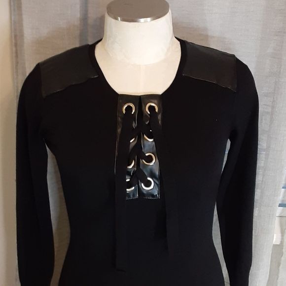 Say What? Black Long Sleeve Sweater Dress with Faux Leather Shoulder Pat… - Picture 2 of 11